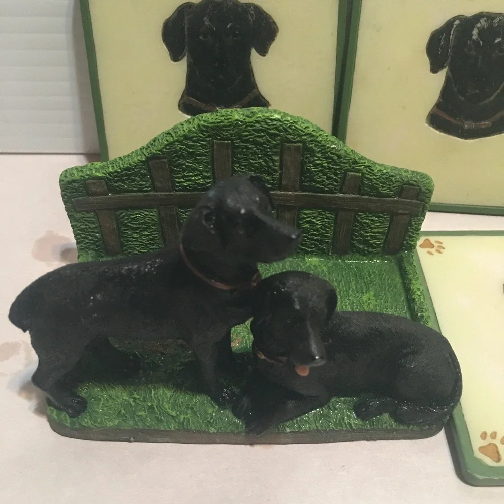 Black Lab Dogs Four Coaster Set with Holder Handpainted 3D Resin Read Descript
